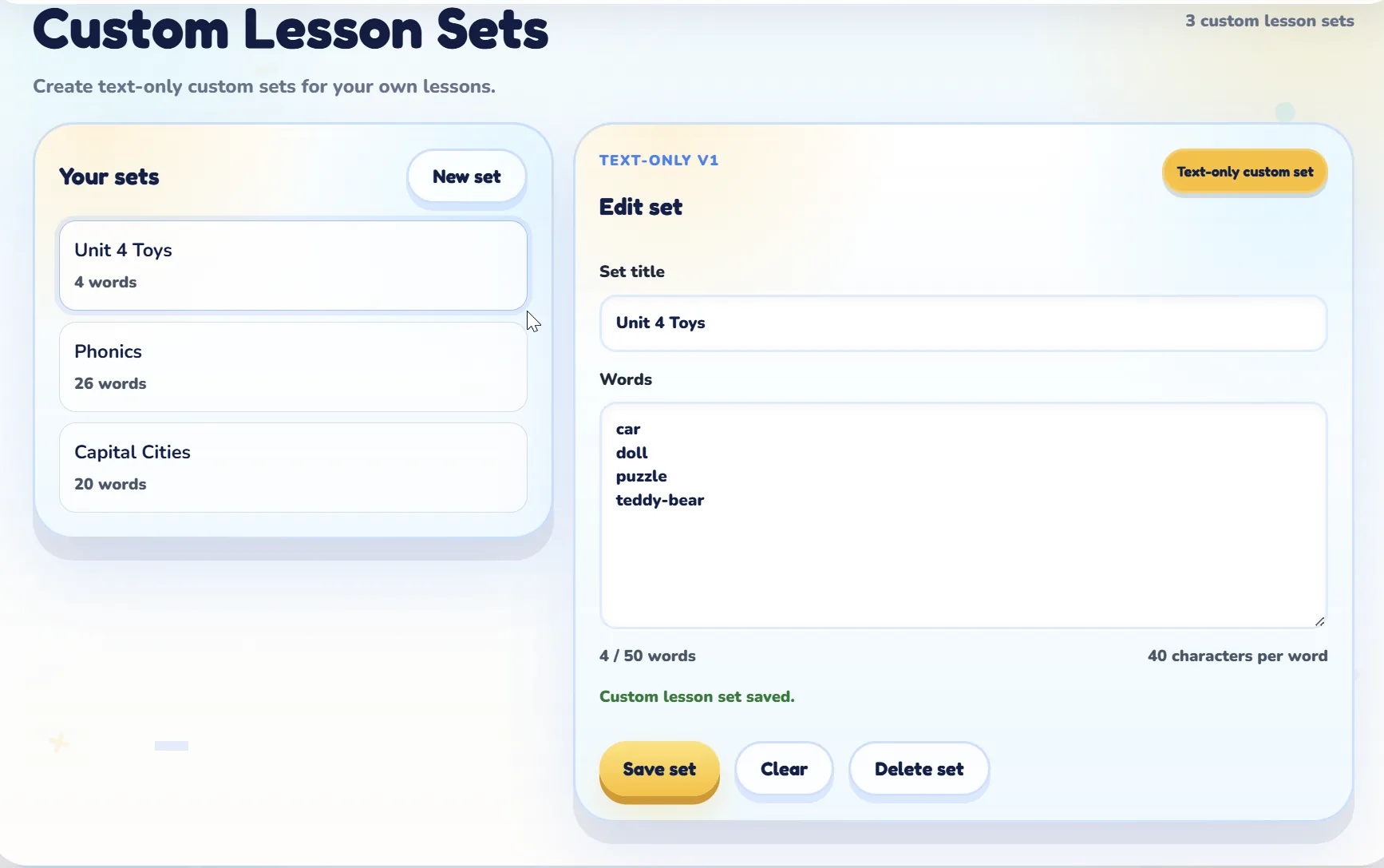MotJAM Custom Lesson Sets editor showing reusable vocabulary lists and editable word content.