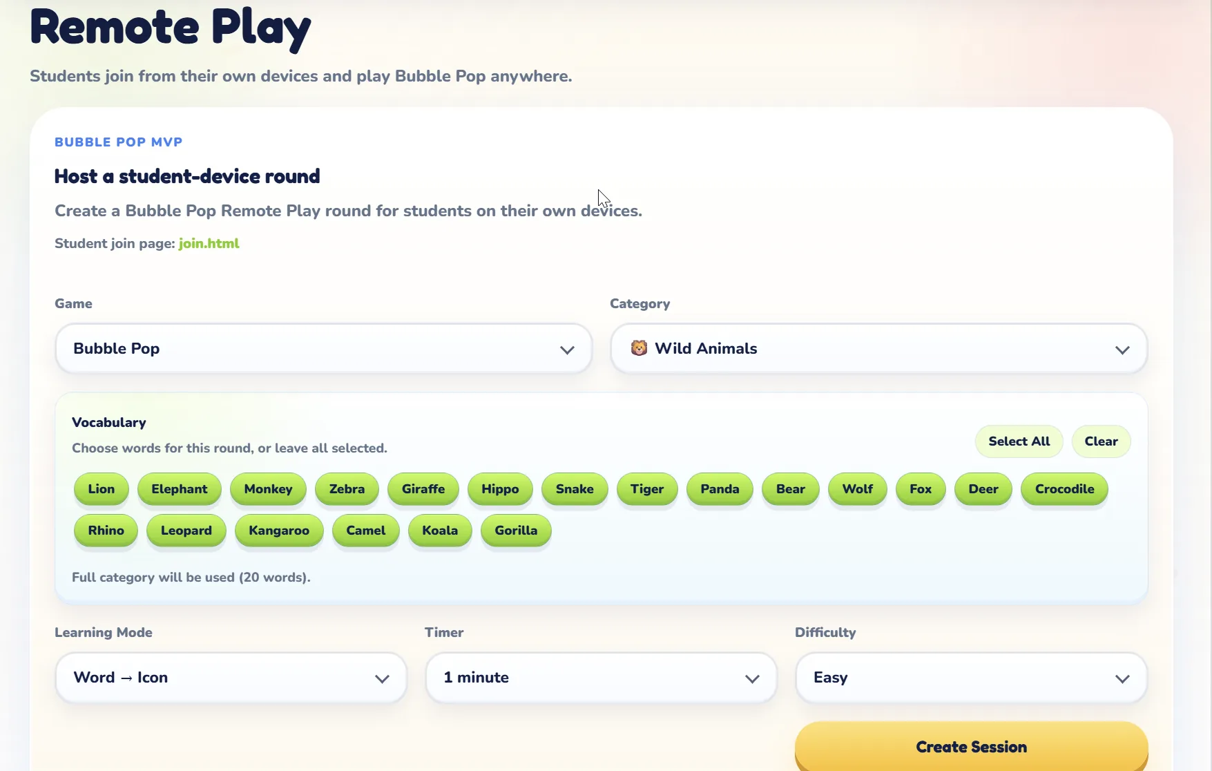 Remote Play setup screen for creating a student-device session.