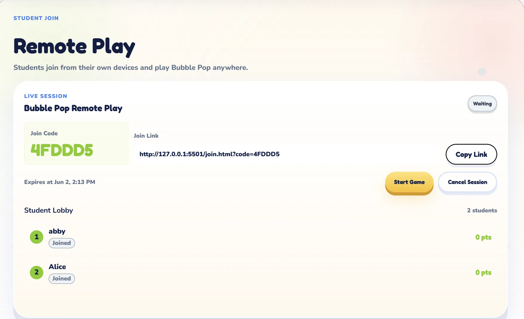 Remote Play lobby showing joined students ready for a session.