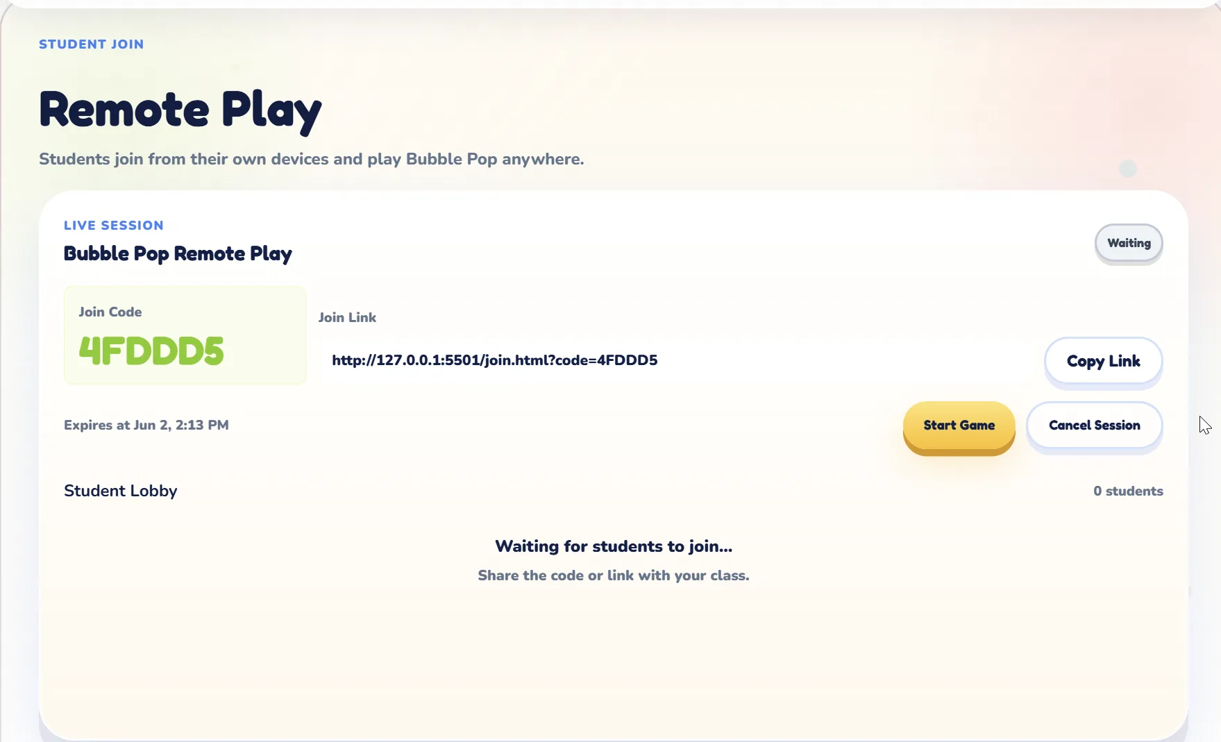 Remote Play lobby showing a join code and waiting student lobby.