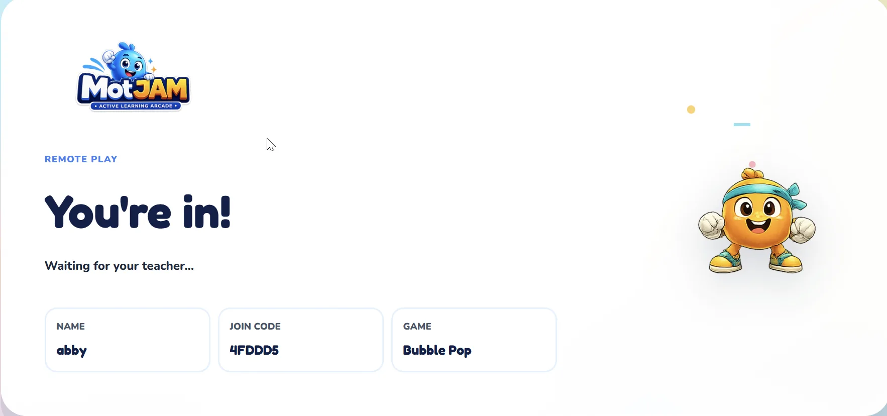 Student Remote Play waiting screen after joining with a code.