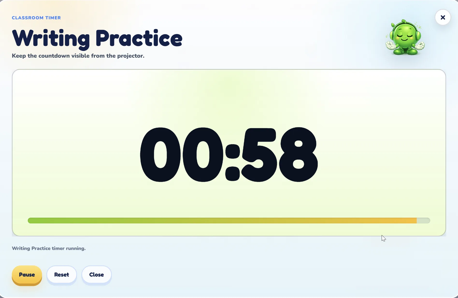 Classroom Timer showing a large countdown for projector-friendly activities.