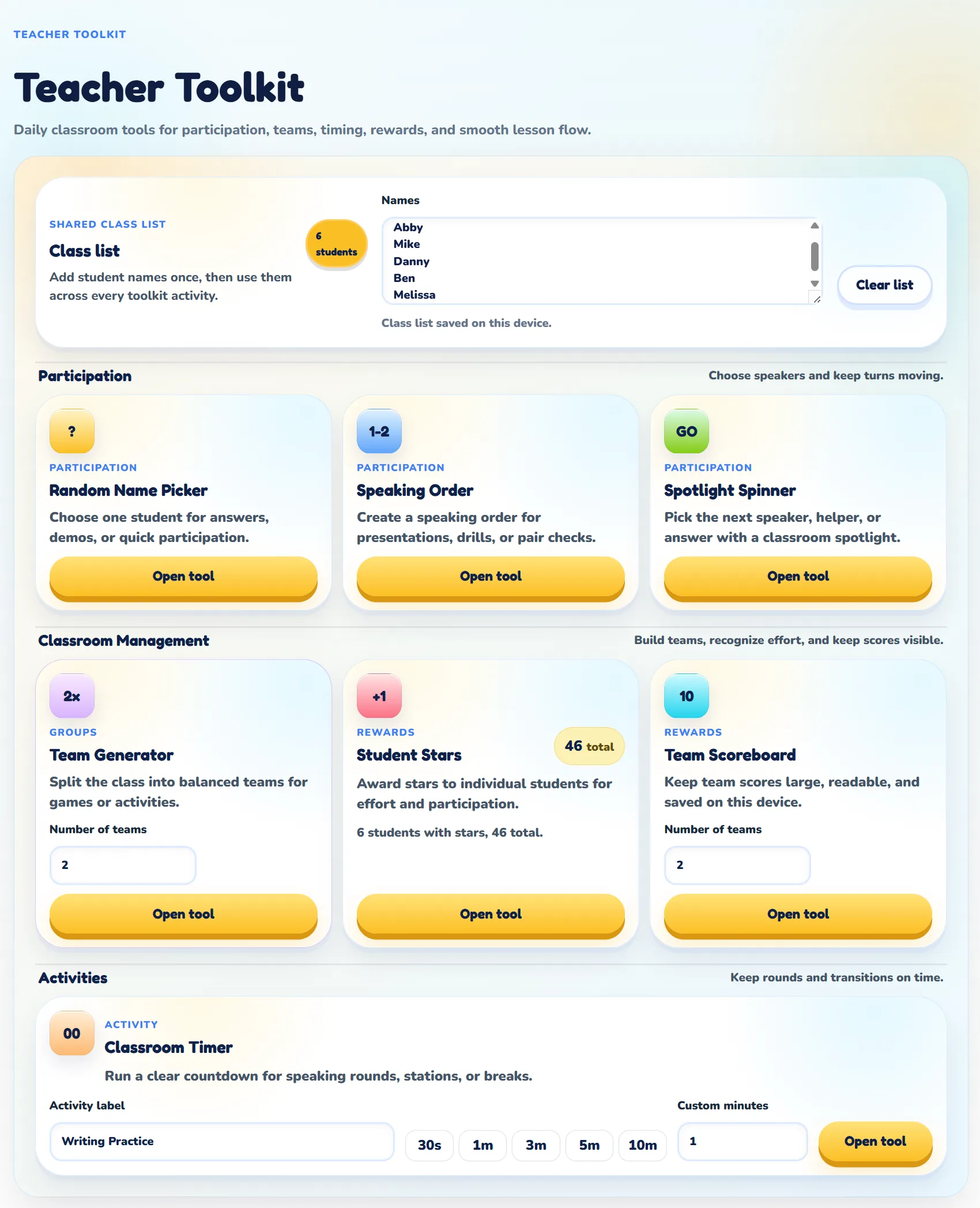 MotJAM Teacher Toolkit dashboard showing classroom tools for participation, teams, timing, and rewards.