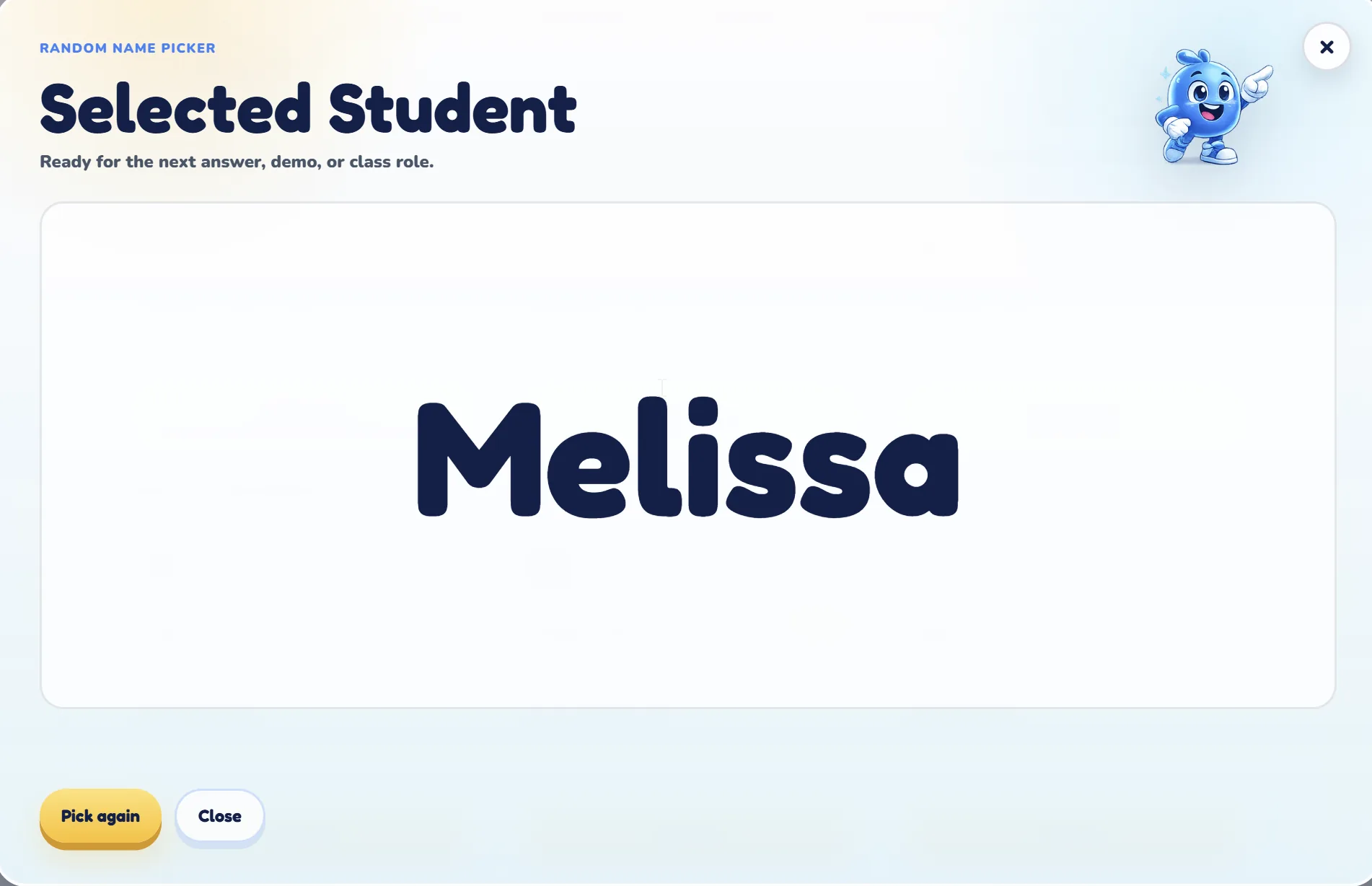 Random Name Picker selecting a student for classroom participation.