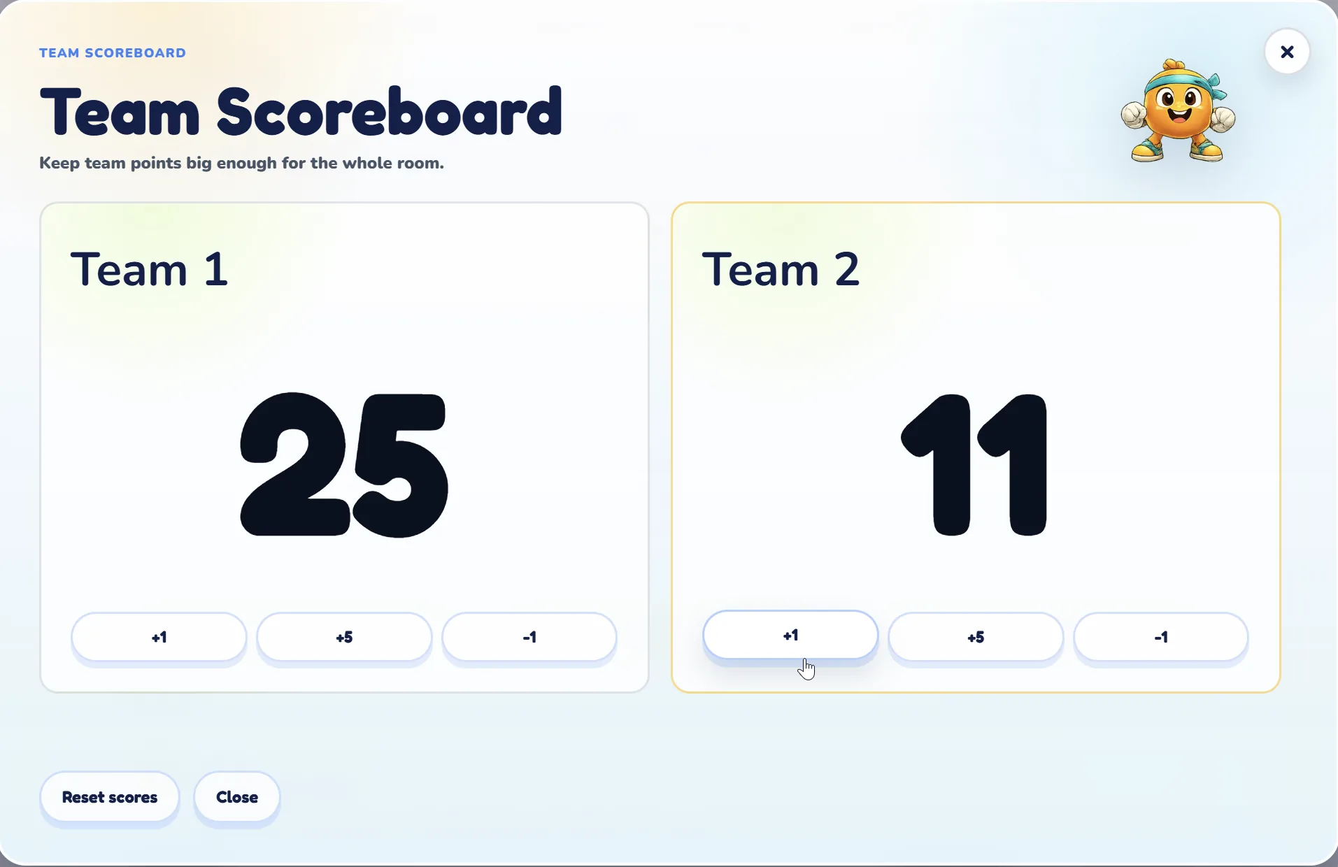 Team Scoreboard showing large team scores for classroom games.